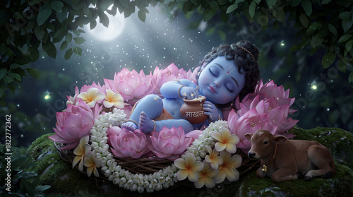Baby krishna sleeping peacefully on a bed of pink lotus flowers under a mystical moonlit night with a calf