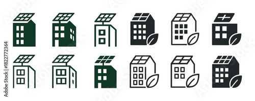 Eco-friendly buildings with solar panels and leaf icons in various styles