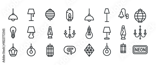Collection of minimalist light fixtures and lamps line icons