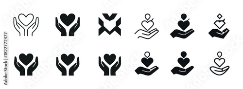Set of heart and hand icons symbolizing care and compassion