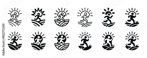 Set of running person icons with sunburst background in various styles