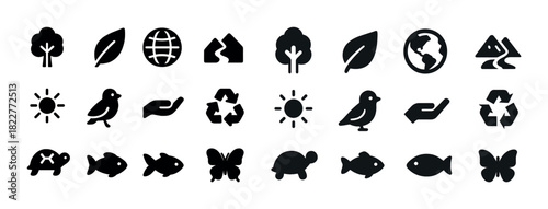 Nature and ecology icons: trees, leaves, earth, sun, animals, recycling symbols