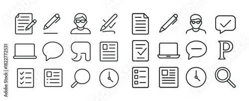 Minimalist outline icons set featuring writing, communication, and time