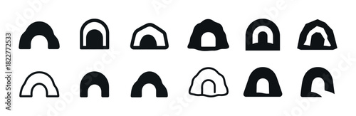 Collection of various simple cave icon designs in black and white