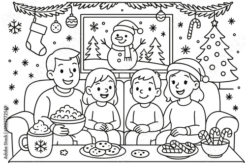 Holiday Movie Fun. Holiday movie night children?s coloring book illustration, outlined drawing, family