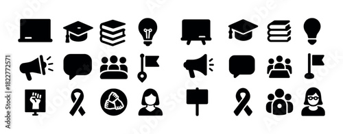 Education and communication icons: technology, learning, and collaboration symbols
