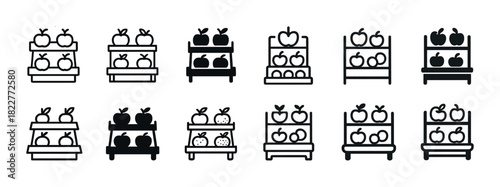 Set of black and white icons of fruit display shelves