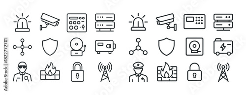 Security icon set with alarms cameras shields locks and guards