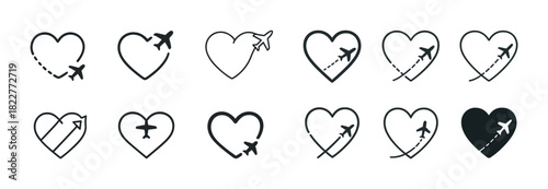 Airplane and heart icons: travel and love symbol set