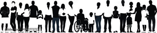 Horizontal silhouette banner illustrating a large, diverse group of people of all ages and abilities, symbolizing community, inclusion, teamwork, social unity, and global population.