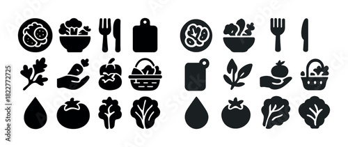Set of black and white vegetable and kitchen icons