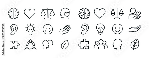 Set of minimalist icons: brain, heart, balance, people, nature