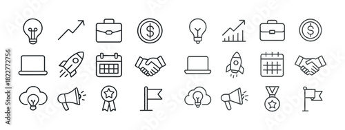 Business and finance icon set featuring light bulb, rocket, graph, and more