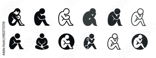 Silhouette icons depicting sad and depressed figures in various poses