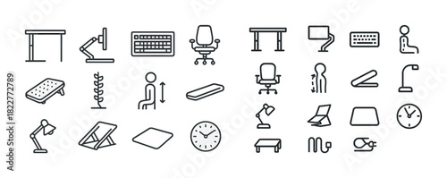 Office furniture and accessories icons: desk, chair, lamp, clock, keyboard