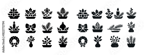 Black silhouette christmas icons: poinsettia, holly, candles, wreath, ornament, bow, pine