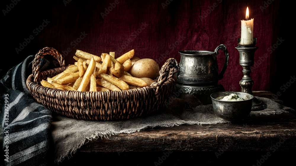 Fototapeta premium Dutch Still Life of Comfort Food - Fries in Basket with Dramatic Lighting