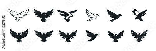 Collection of black and white bird and dove silhouettes and logos