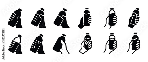 Silhouettes of diverse hands holding plastic bottles in various positions