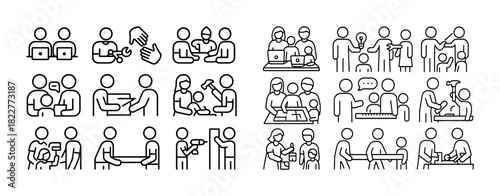 Line art of people collaborating, working, and engaging in various activities