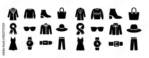 Fashion icons collection: clothing and accessories silhouettes