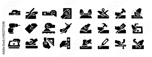 Silhouette icons of diverse hand tools and activities