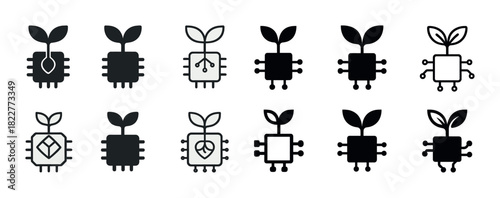Eco-friendly tech icons: green circuit boards and plant motifs