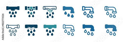 Icons of leaking faucets and pipes with water drops in blue tones