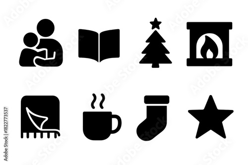 Holiday Story Icons. Holiday story night. Filled icon set of holiday story night: parent and child, open book,