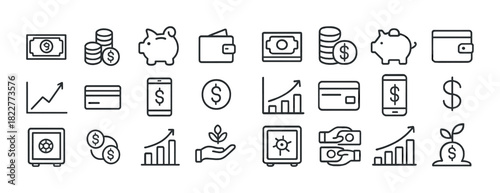 Icons of money management: wallets, credit cards, safe, coins, growth charts