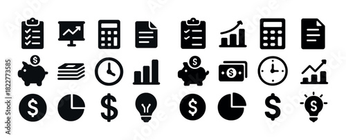 Set of financial and business icons featuring charts, piggy banks, clocks, and dollar symbols