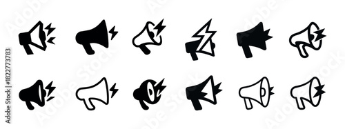 Set of various megaphone icons with lightning bolts in black and white