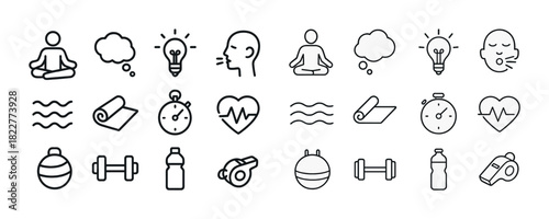 Meditation and fitness icons: yoga, mindfulness, exercise, hydration, wellness