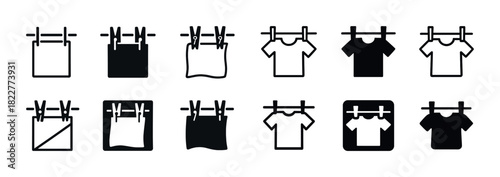 Set of clothing line icons: shirts and towels hanging with clothespins