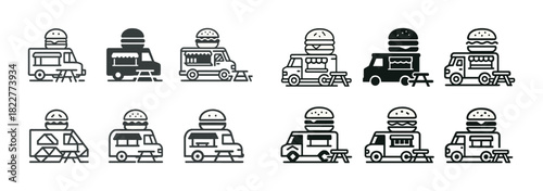 Food truck vector set with burger trucks and picnic tables