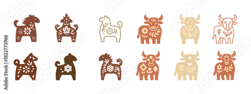 Set of decorative folk art animal illustrations with floral patterns