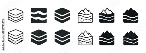 Geology icons: layered, wave, mountain, and sediment shapes in black and white