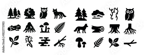 Black silhouette forest icons: animals, trees, mushrooms, nature elements