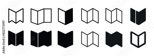 Set of black and white map fold icons in various styles