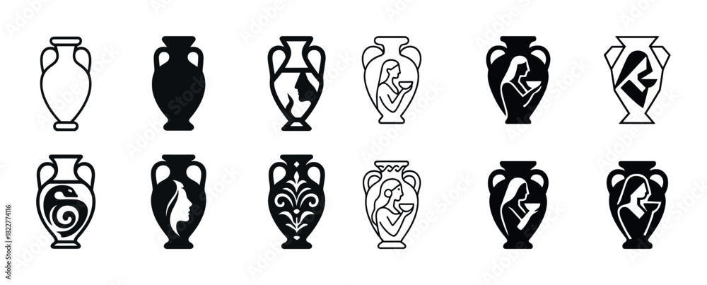 Fototapeta premium Set of decorative ancient greek vase silhouettes with artistic patterns