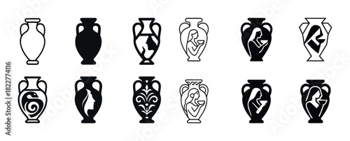 Set of decorative ancient greek vase silhouettes with artistic patterns