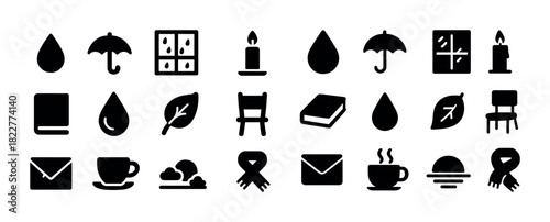 Set of simple black icon designs featuring everyday objects and symbols