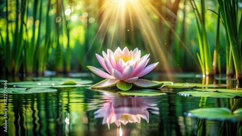 Serene Water Lily Blossom Illuminated by Sunlight in a Peaceful Pond Setting