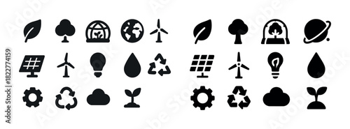 Sustainability icons: eco-friendly energy and nature symbols collection