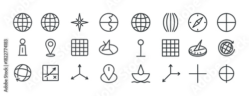 Collection of navigation and location symbols in line style