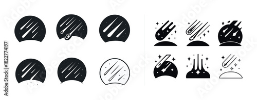 Shooting stars and meteor icons in black and white design collection
