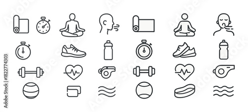 Fitness icons: yoga, meditation, exercise, hydration, wellness symbols