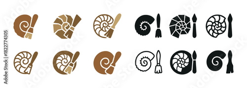 Fossil and archaeology tools: nautilus shell icons in various colors and styles
