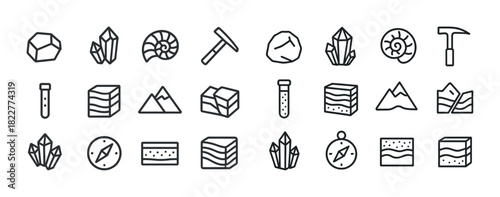 Geology icon set: crystals, fossils, tools, compass, layers
