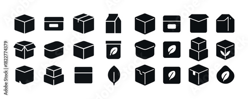 Set of minimalist black icons of various packaging and containers